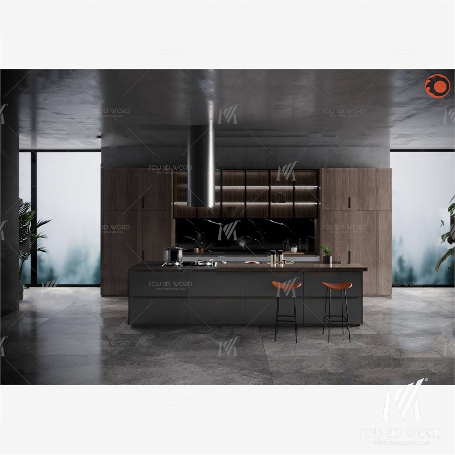 3d model of modern open kitchen bar